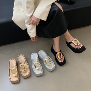 海边沙滩拖鞋 时尚 松糕厚底夏季 复古夹趾凉拖鞋 2025外穿罗马女鞋