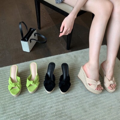 新款坡跟麻绳厚底高跟一字式凉拖鞋简约外穿沙滩鞋34-39码