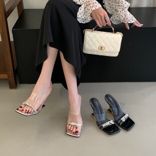 字母水钻异型跟透明一字带凉鞋 2026气质轻奢露趾性感高跟女拖鞋