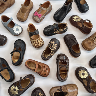 25AW新款 小花棕色靴方头纯皮豹纹 现货意大利Eureka儿童手工皮鞋