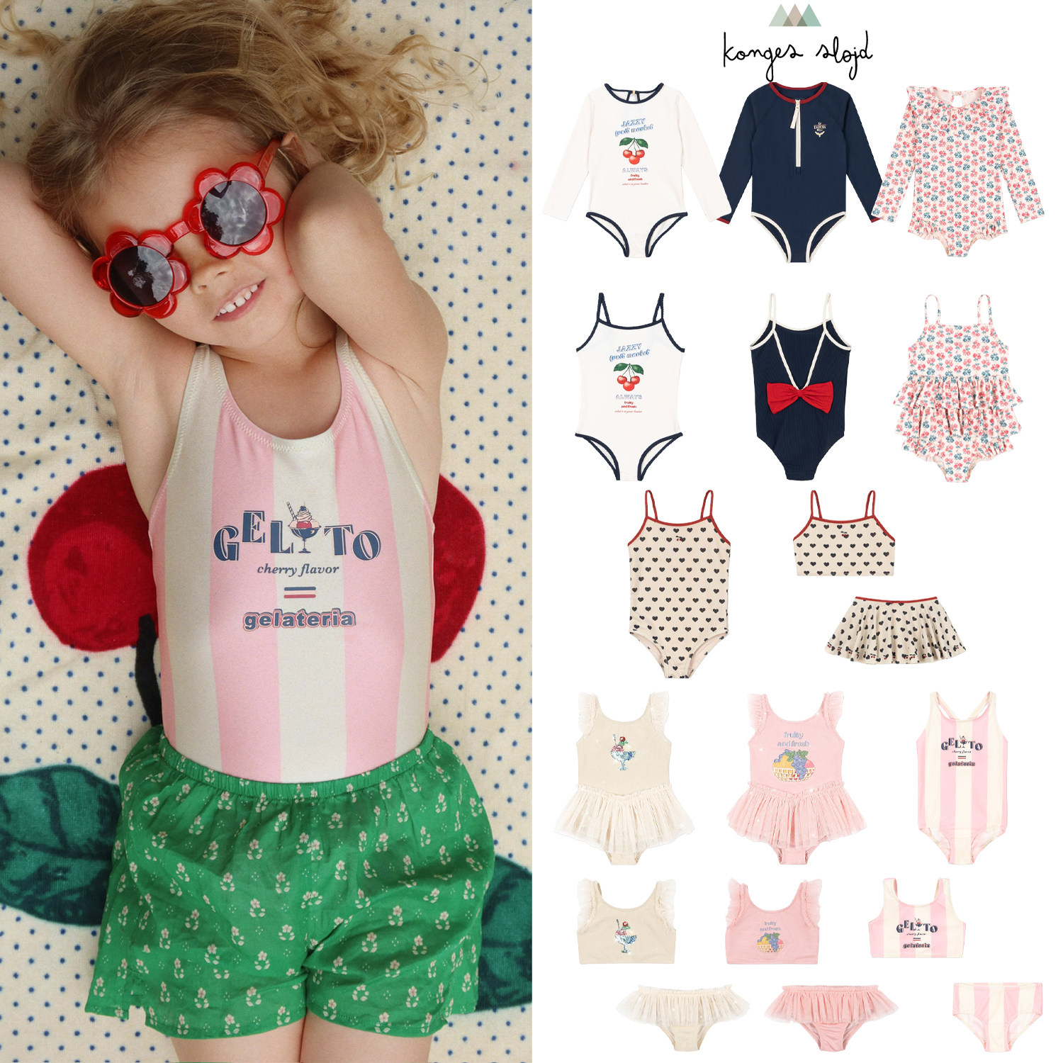 26SS新款Konges Slojd KS 儿童泳衣分体连体长袖甜美可爱花边公主