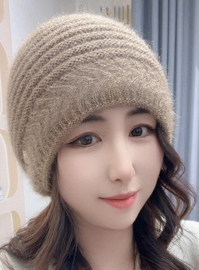 加厚针织帽子女冬天新保暖护耳毛线帽韩版宽松大头围网妈妈堆堆帽