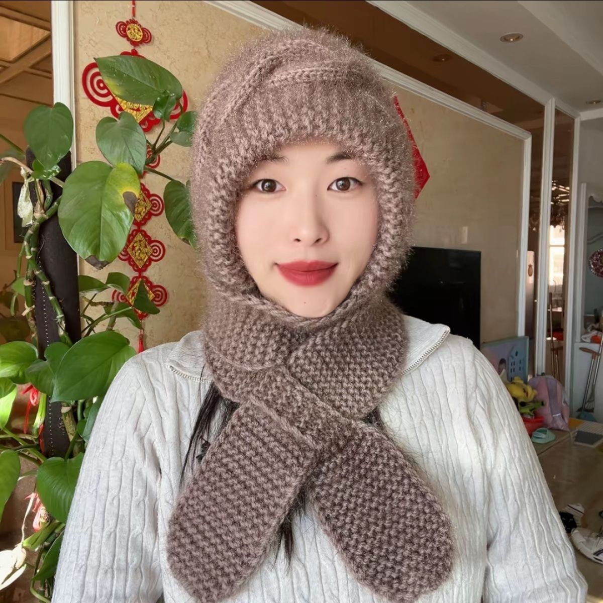 冬季毛线帽子女手工编织棋盘风雪帽保暖加厚秋冬一体护耳针织围巾