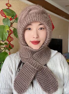 冬季帽子围巾一体女骑车手工编织棋盘加厚护耳保暖针织围巾风雪帽