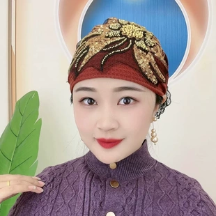 遮白发包头帽凤尾太阳花透气拼接后花春秋冬头巾妈妈盘碎发束发帽