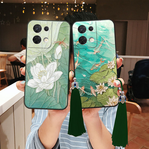 适用oppo立体浮雕荷花锦鲤手机壳
