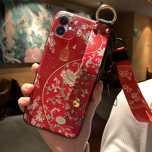 适用苹果立体浮雕国风挂绳手机壳