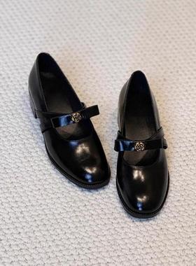 羊皮版~法式蝴蝶结真皮浅口玛丽珍单鞋女山茶花一字带粗跟小皮鞋