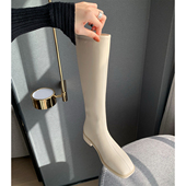 方头高筒靴女大叔家2024冬季 显瘦不过膝中长筒白色骑士靴子 新款