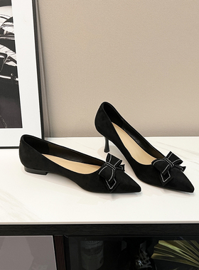大叔家尖头高跟鞋女2024年春季新款浅口细跟蝴蝶结黑色通勤单鞋