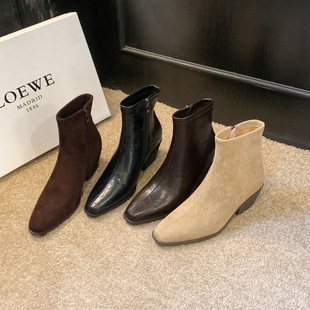 9cm增高尖头短靴2025秋冬新款 瘦瘦靴粗跟百搭马丁靴 加绒靴子法式