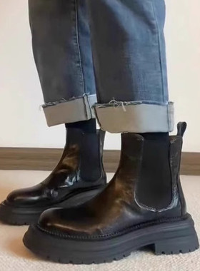 牛皮版~真皮褶皱复古短靴女黑色显瘦厚底切尔西靴烟筒靴子马丁靴