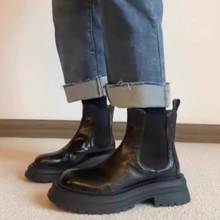 牛皮版~真皮褶皱复古短靴女黑色显瘦厚底切尔西靴烟筒靴子马丁靴