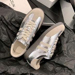 牛皮版~银色德训鞋女内增高复古蕾丝边真皮百搭运动休闲女阿甘鞋
