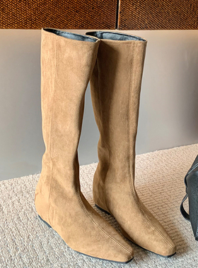 内增高长筒靴女2025新款秋冬绒面卡其色高筒骑士靴弹力瘦瘦长靴子