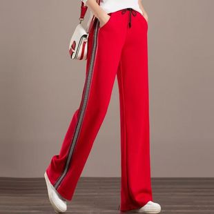 红色窄版阔腿裤子女春秋2026新款高腰直筒条纹休闲运动裤卫裤加绒