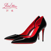 红镜高跟鞋 红底露脚趾缝侧空浅口性感职业黑色漆皮真皮尖头细跟