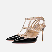 两环真皮包头细跟尖头网红性感女鞋 V家铆钉2025新款 裸色高跟凉鞋