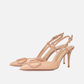 真皮V扣尖头浅口包头细高跟鞋 2025夏新款 裸色法式 名媛后空凉鞋