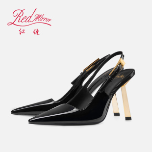 气质漆皮性感金属跟方头包头凉鞋 夏季 细跟2025新款 黑色尖头高跟鞋