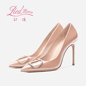 女2025春新款 V扣裸色高跟鞋 尖头法式 高跟鞋 浅口细跟百搭职业单鞋