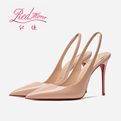 2025新款 凉鞋 尖头红底真皮裸色单鞋 女名媛百搭细跟后空包头高跟鞋