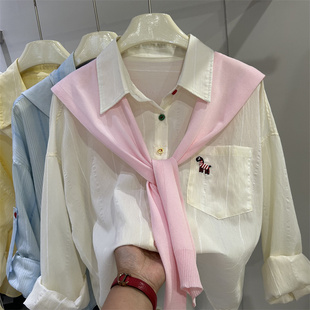 女披肩两件套休闲小衫 2026春季 新设计感翻领彩色纽扣刺绣小马衬衫