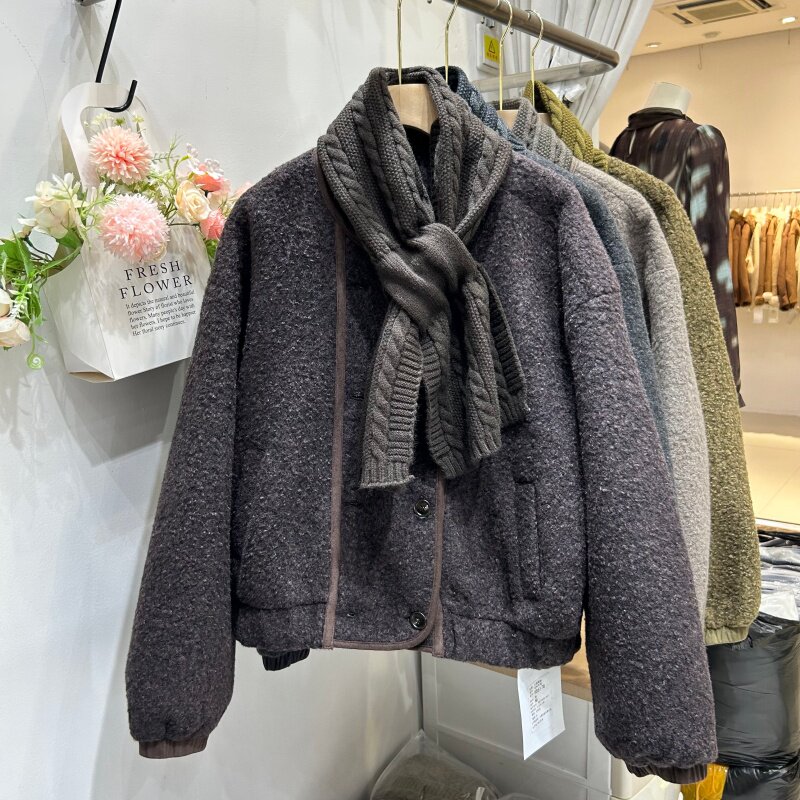 欧货针织围脖毛圈短款外套女2026秋季新款时尚百搭皮毛一体上衣潮