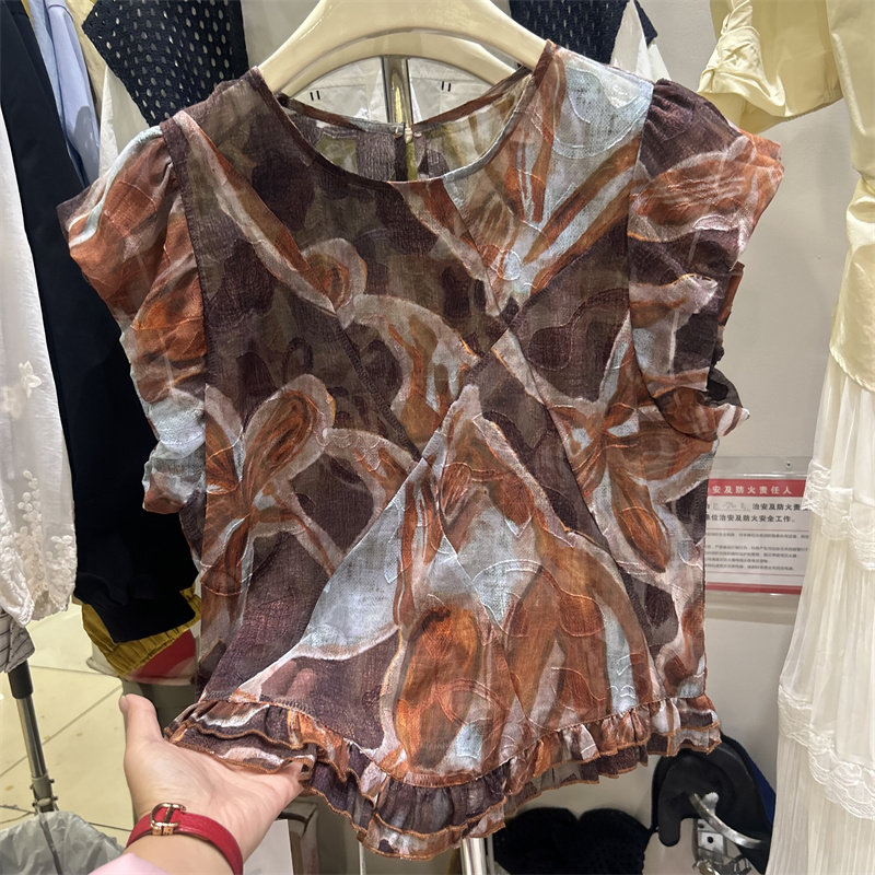 法式洋气碎花荷叶边小飞袖衬衫女2026夏季新款设计感宽松拼接上衣