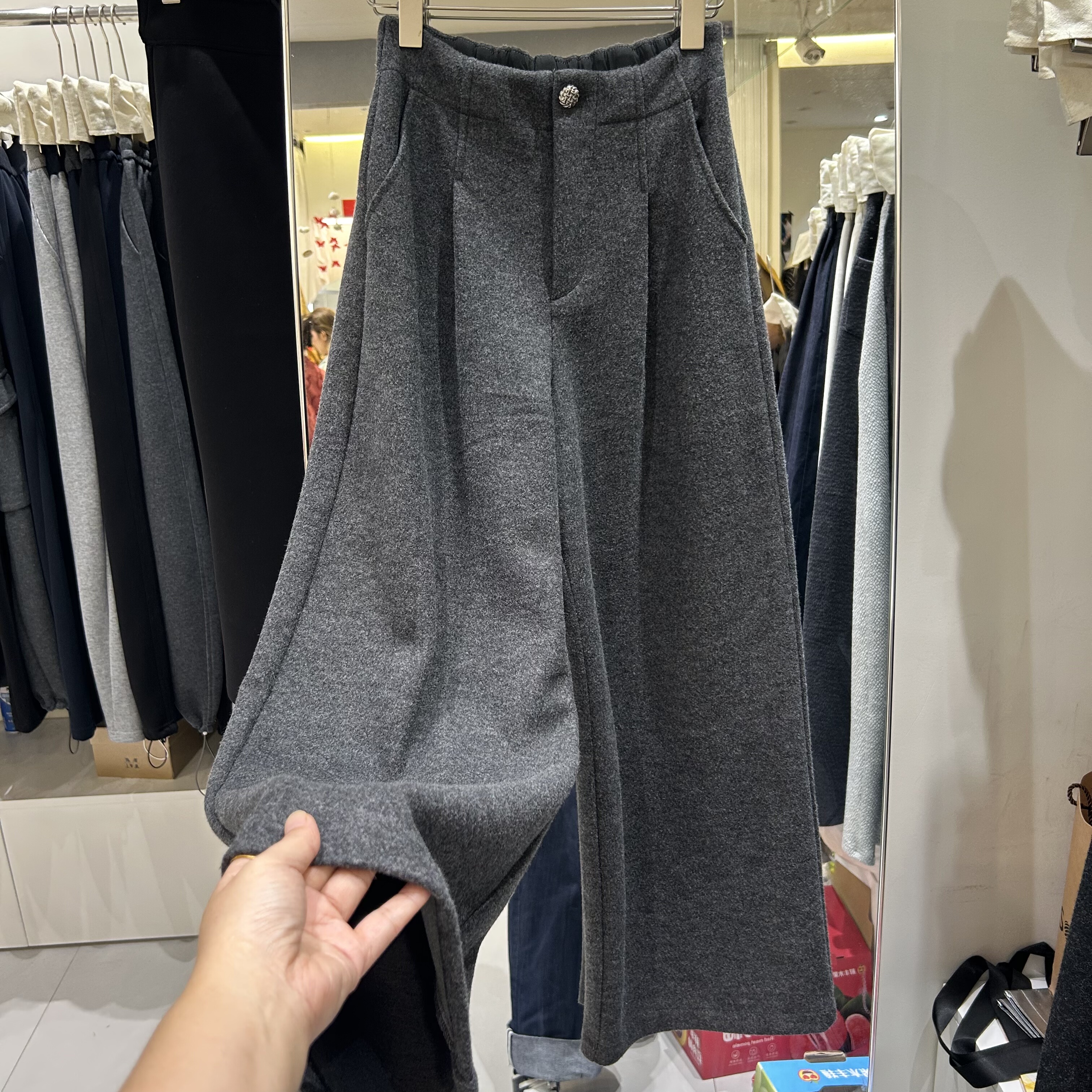 韩系松紧高腰羊毛呢阔腿裤女2025秋新款宽松显瘦直筒休闲减龄长裤