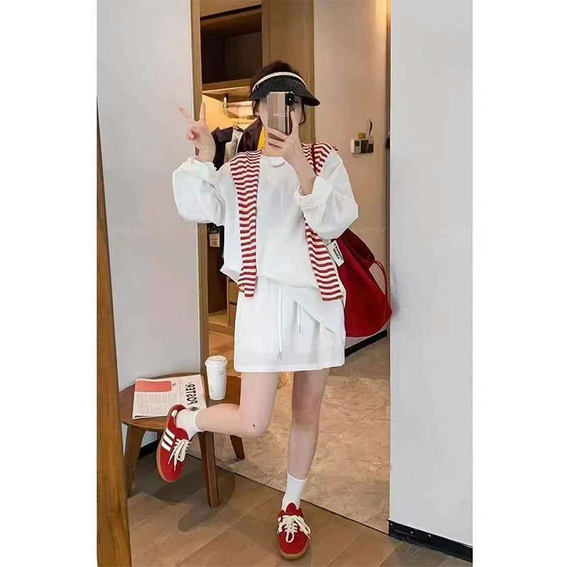 2025夏新款韩版时尚圆领长袖防晒t恤女夏季宽松两件套A字短裙套装