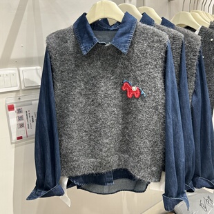 上衣气质衬衣小衫 牛仔衬衫 潮 宽松显瘦刺绣小马马甲 韩系2026新款