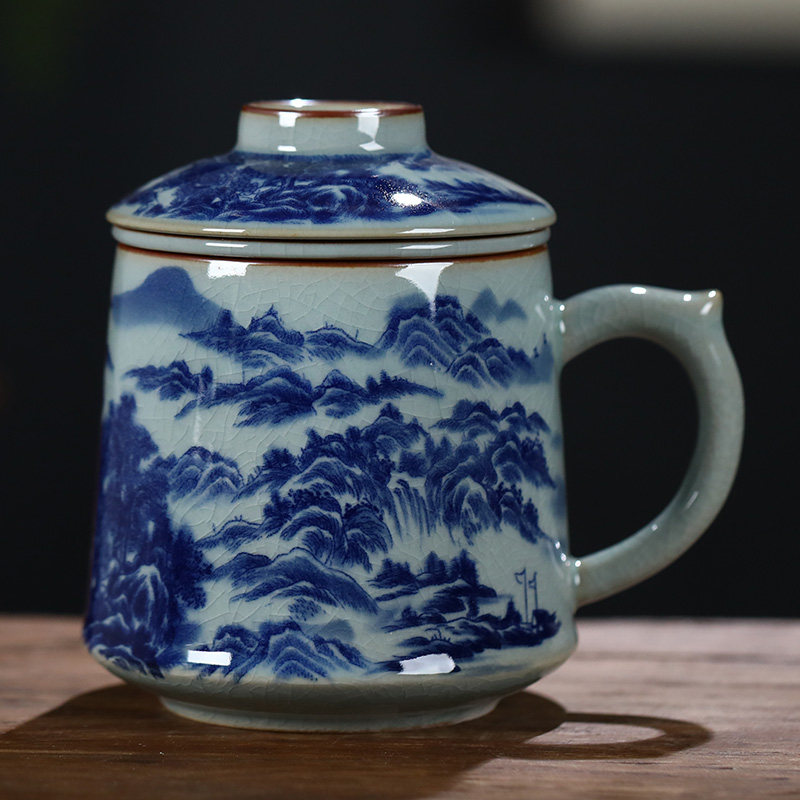 景德镇陶瓷杯茶水分离泡茶杯男士办公杯过滤水杯青花瓷杯子老陶泥