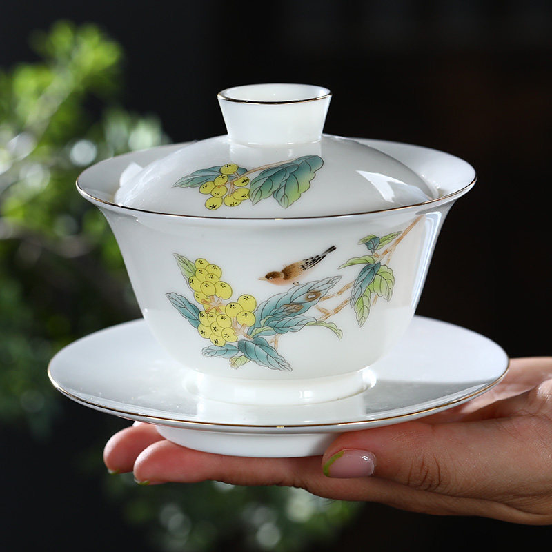 羊脂玉陶瓷盖碗白瓷茶碗带盖子单个三才碗家用功夫泡茶具茶备茶盅