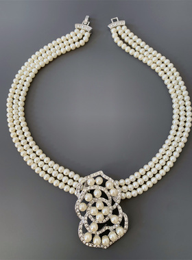 Vintage中古 白色琉璃珍珠多层夸张复古百搭小香风女短款项链