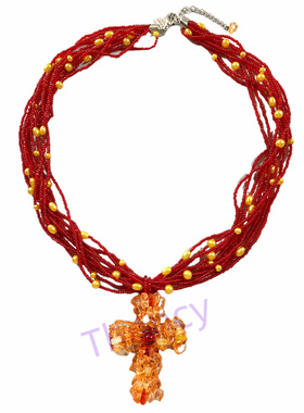 1928打标红色多层琉璃十字架项链