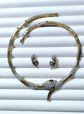 Vintage中古 好质感精致百搭通勤款浓金色蛇造型项圈项链耳钉套装