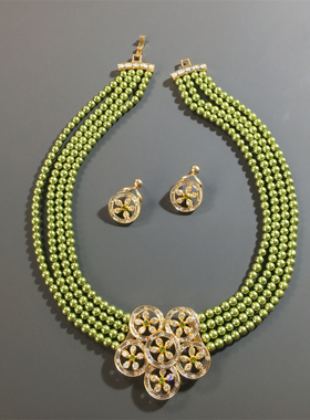 Vintage中古 清新绿色多层琉璃珍珠花朵造型莱茵石耳钉套装