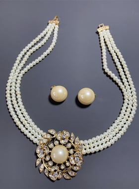 Vintage中古欧洲回流经典赫本风多层琉璃珍珠项链花朵坠耳夹套装