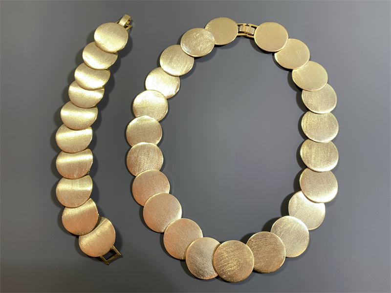 Vintage西洋回流OL打标磨砂金圆片拼接手链项链套装 后背镀金不良