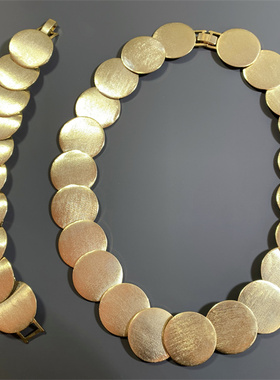 Vintage西洋回流OL打标磨砂金圆片拼接手链项链套装 后背镀金不良