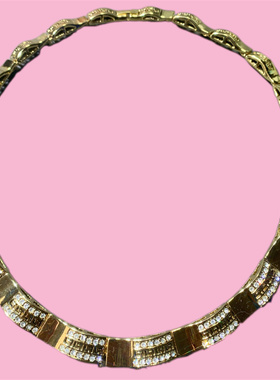 Vintage中古 MK打标立体质感缎带造型莱茵石镶嵌重工百搭短项链女