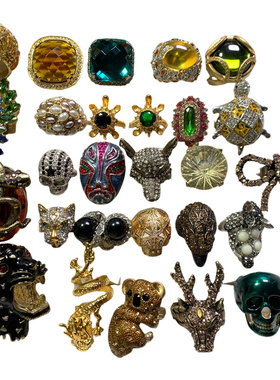 Vintage中古重工华丽琉璃水晶莱茵石动物造型KJL/NG/打标孤品戒指