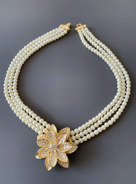 Vintage中古 多层白色琉璃珍珠立体花朵坠短款项链女