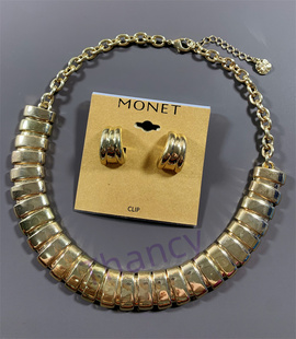 Vintage中古MONET打标金属风气质百搭无耳洞耳夹短款项链套装