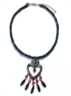 Vintage中古 美国老牌LC打标黑色爱心坠琉璃珠项链锁骨链女