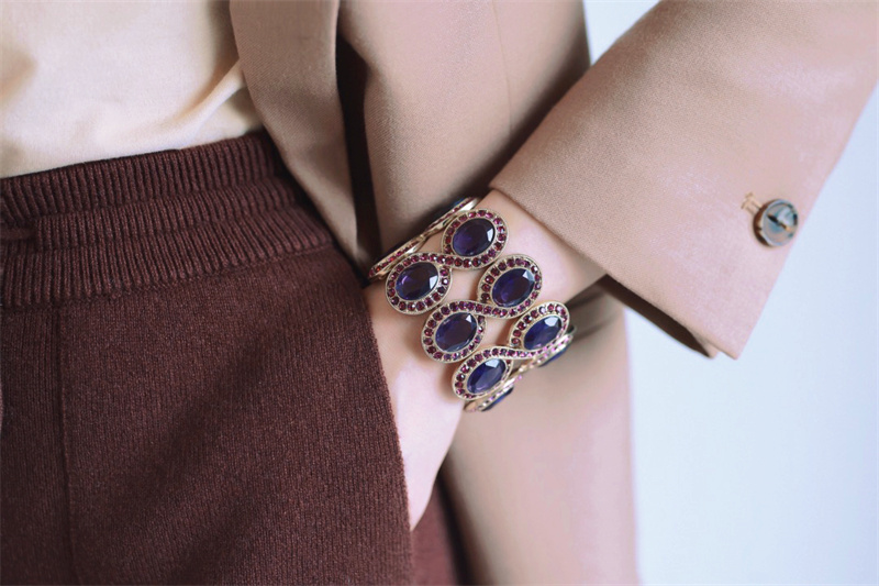 Vintage中古 美国MONET打标葡萄紫色水晶莱茵石双排夸张弹力手镯