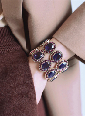 Vintage中古 美国MONET打标葡萄紫色水晶莱茵石双排夸张弹力手镯