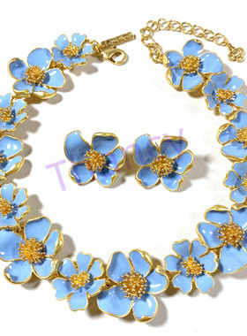 奥斯卡打标蓝色花朵耳钉项链套装