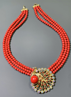 Vintage中古 喜庆新娘配饰本命年中国红色琉璃珠多层孔雀坠短项链